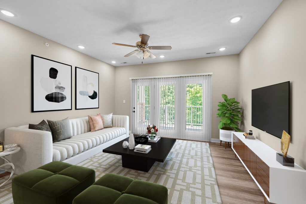A cozy, virtually staged living room showcasing modern furniture and decor