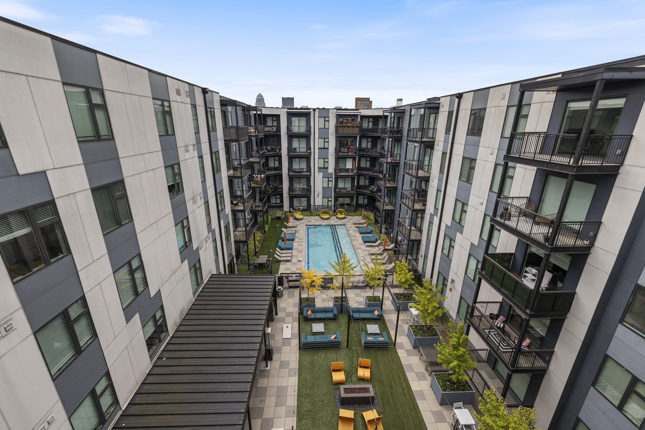 Commercial living complex courtyard overview